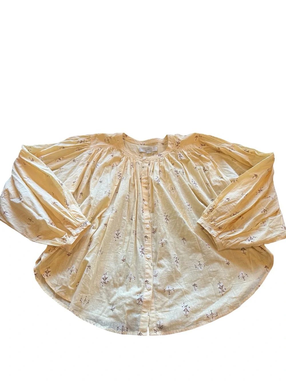 LOFT Yellow Floral Balloon Sleeve Cotton Peasant Blouse NWT Large Cottagecore
